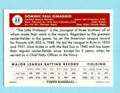 1952 Topps Reprint #22 Dom DiMaggio Boston Red Sox - Picture 4 of 10