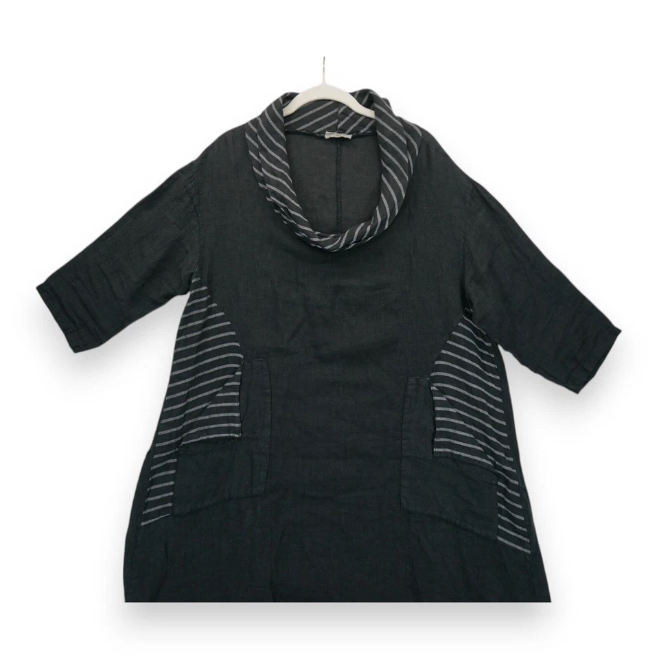 Vestido Italiano 100% Lino Negro Media Manga Rayas Bolsillos/Cuello, Pecho: 46" Foto 3 de 4