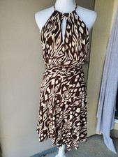 Jones New York Halter Dress Womens 8 Brown Tan Geometric BOHO Keyhole Beads Zip