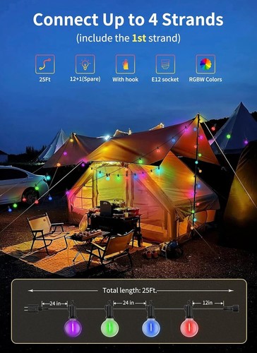 Connectable RGBW 25FT Outdoor Patio Lights - Shatterproof with Remote Control - Picture 5 of 9