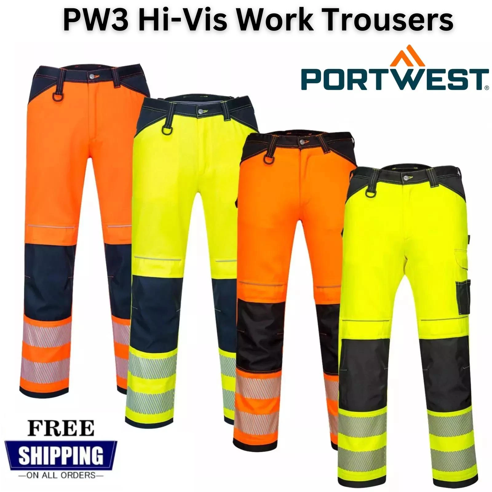 PORTWEST PW3 Hi Vis Work Trousers Stain Resistant Lightweight Knee Pads Pockets