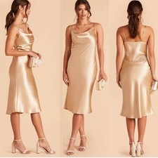 Birdy Grey Women's Lisa Satin Midi Slip Dress Bridesmaid Formal Gold Size M NEW