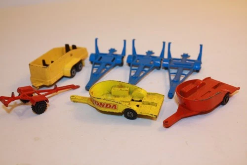 7 Vintage 1960's Matchbox Lesney Boat & Motorcycle Trailers / Glider Transporter