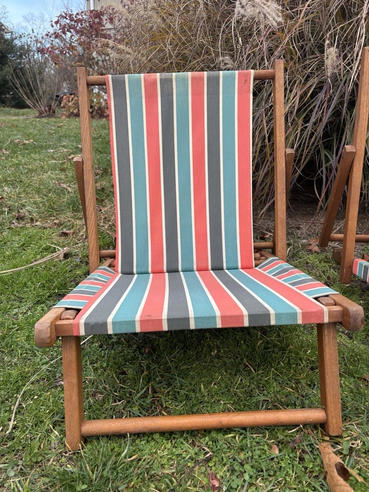 Tumbonas plegables vintage de madera y lona - Par Foto 4 de 4