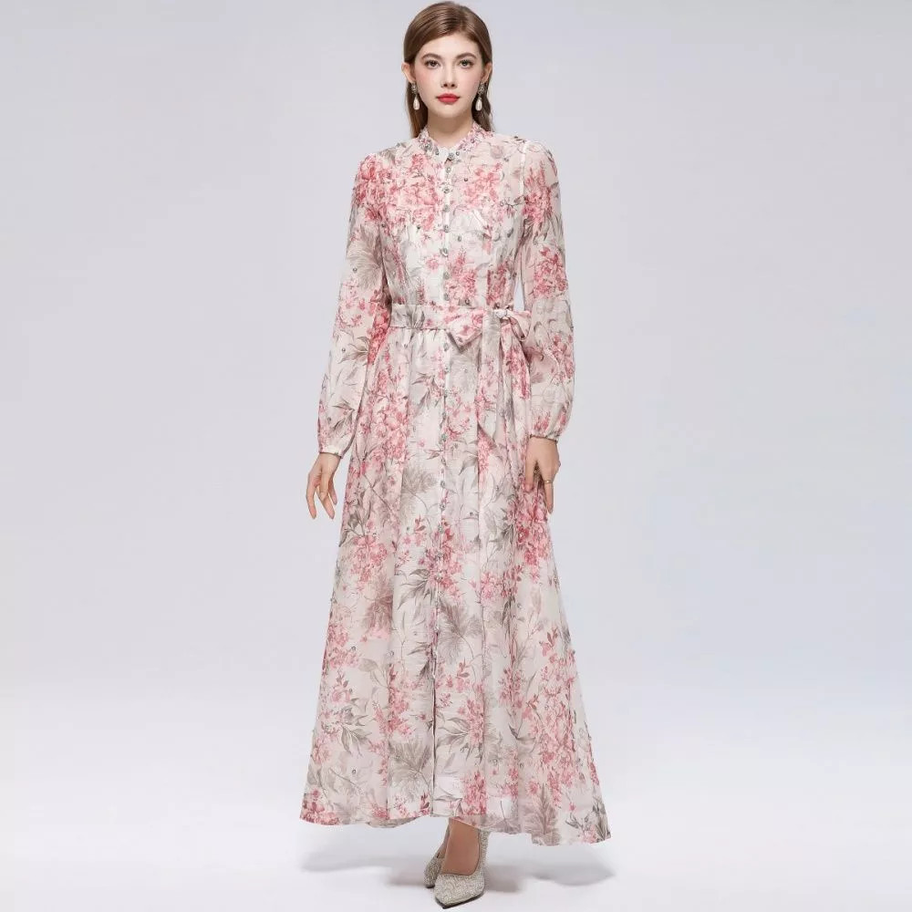 Vestido Largo Elegante Floral Beige Rosa Cintura Boho Chic CF69995