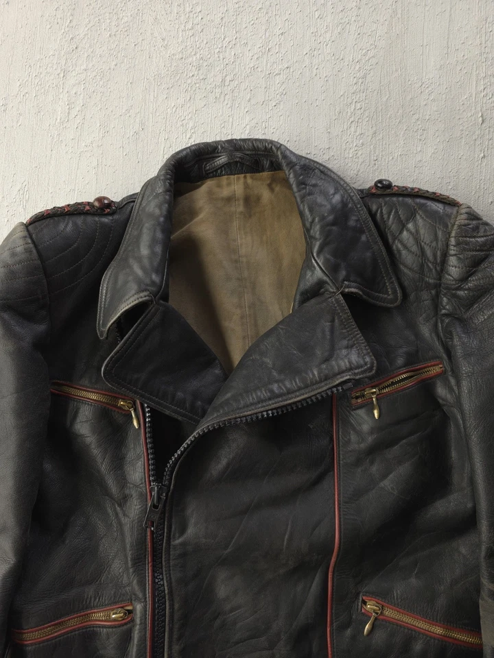 Vintage 1950s German Luftwaffe Style Leather Motorcycle Jacket Black Red M - Image 3 of 4