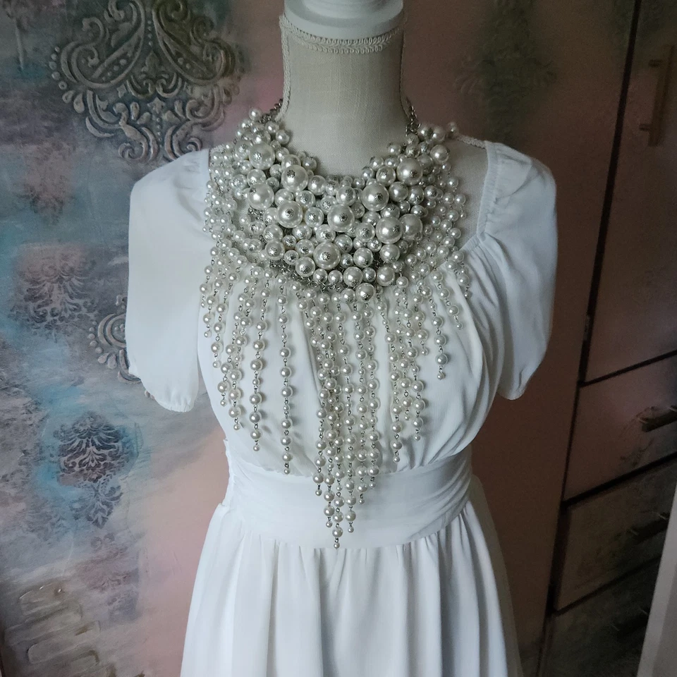Oversized Statement Bib Necklace with Cascading Faux Pearls - Image 2 of 4