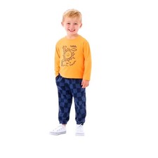 Member Mark Boys Orange Long Sleeve Tee  Blue Checkered Jogger Set Sz 12Months