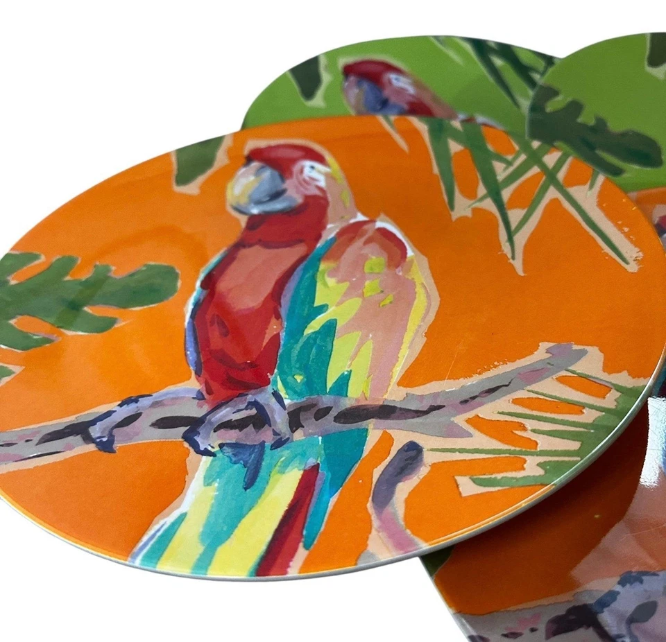 Juego de 8 Platos de Guacamayo Loro Colorido Melamina Cuatro Naranja Verde Marca Hogar Foto 2 de 4