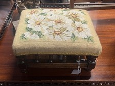 Oak Footstool Needlepoint Floral Upholstered Stool Turned Legs Fireside Stool