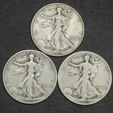 Lot of 3x Walking Liberty Silver Half Dollars 50C: 1920 D, 1929 S, 1936 D