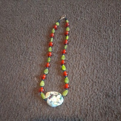 HandCrafted Red And Green Blue Stone Necklace With Stone Pendant
