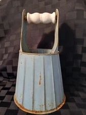 Antique French Blue Toleware Metal Bucket w/White Ironstone Handle, Rare Find