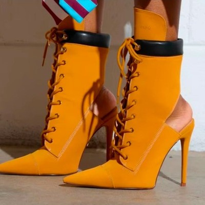 construction color laced up boots timb heels