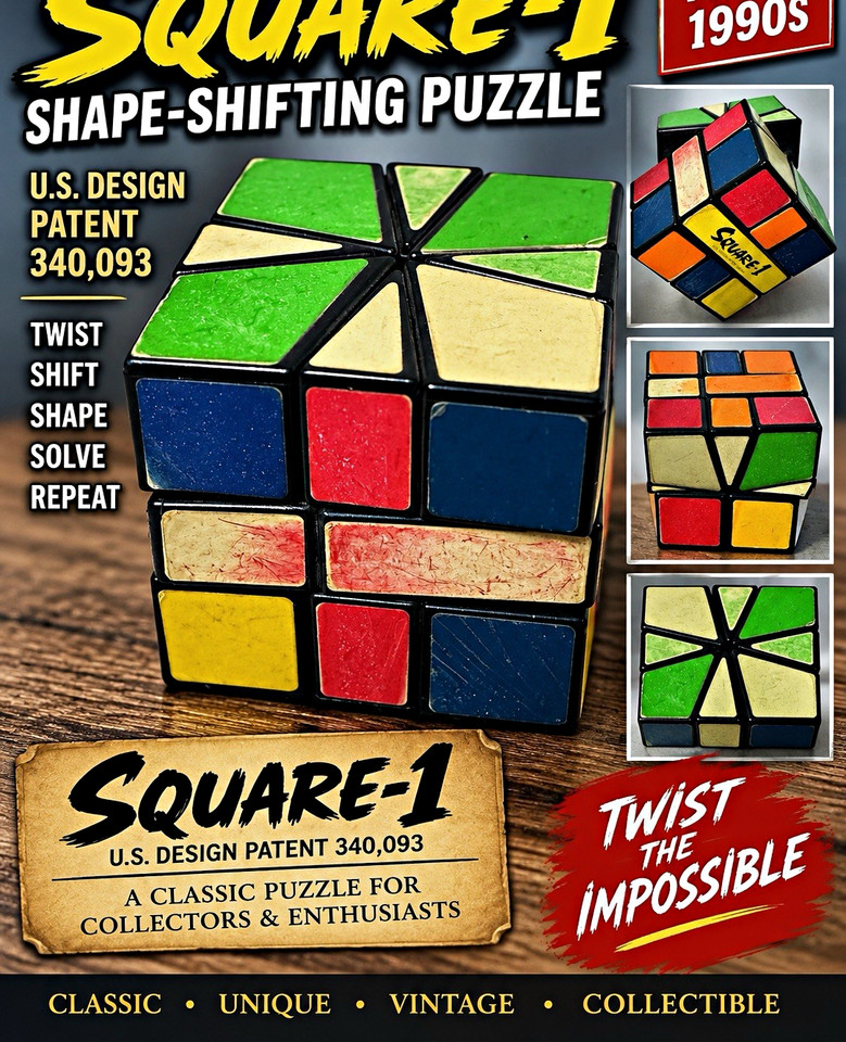 Vintage Square-1 Puzzle Cube U.S. Design Patent 340093 Original 1990s Twisty 