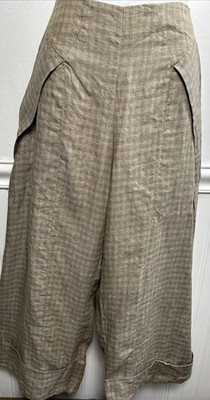 LILITH 100% Linen Brown/Grey Plaid Wide Leg Dress Pants L Crop Cuff FRANCE 32x24