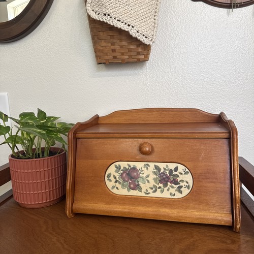 VTG Wood Pomerant Farmhouse Bread Box Apples Grapes Inlay Drop Down Door