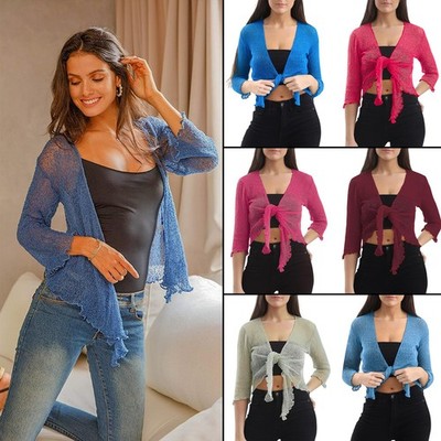 Womens Tie Up Open Front Shrug Ladies Knitted Cropped Bolero beach