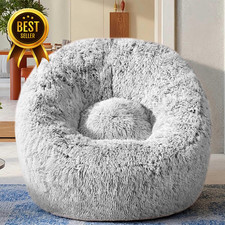 Grey Plush Faux-Fur Memory-Foam Adult/Teen/Kid Bean-Bag Sofa Chair