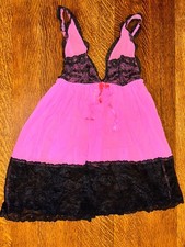 Victoria  s Secret Hot Pink Black Mesh Lace Sheer Babydoll Lingerie Top M