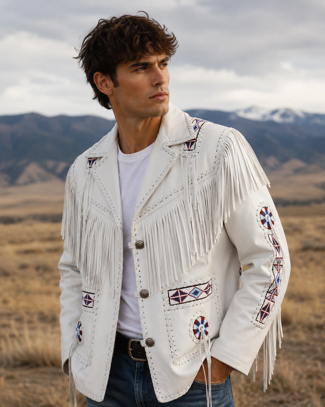 Mens White Leather Fringe Jacket Western Cowboy Beaded Native American Style