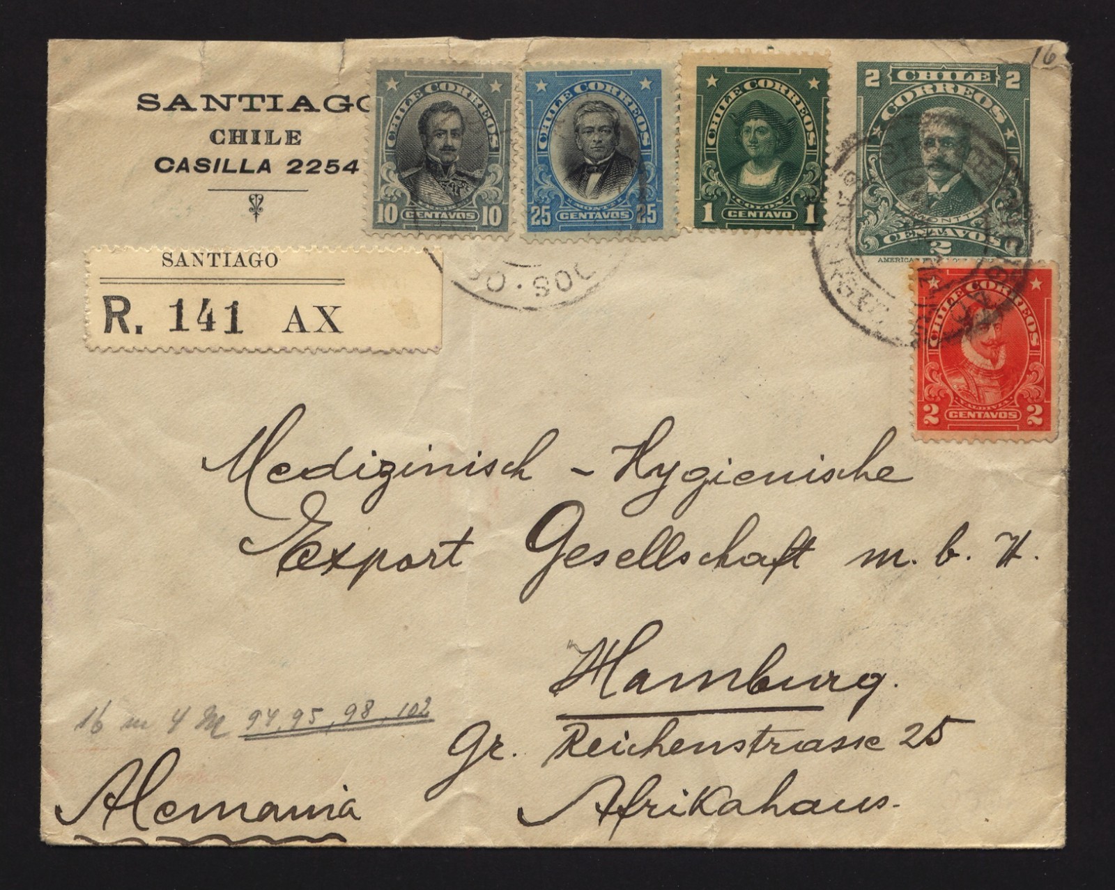 CHILE 1912 Uprated Reg. Postal Stationery Cover Santiago to Germany