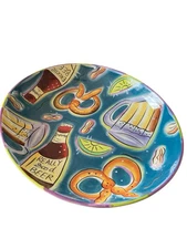 XL Hand Painted Stonelite Clay Art BEER TIME Football Chip/Dip Platter+ Sm. Bowl