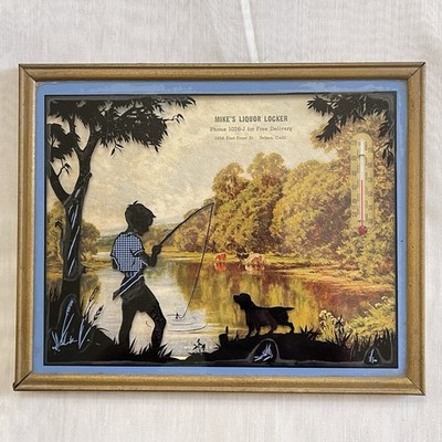 Silhouette Picture Boy Fishing W/ Dog Thermometer Mike's Liquor Locker Selma, CA