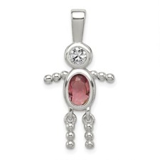 Sterling Silver Rhodium-plated CZ and Birthstone Pink June Glass Boy Pendant