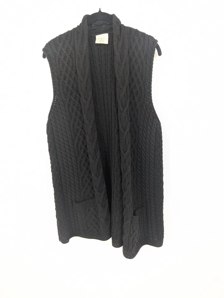 Kilronan Knitwear Sweater Vest Womens Large Black Ireland Wool Cable Knit Long - Image 2 of 4