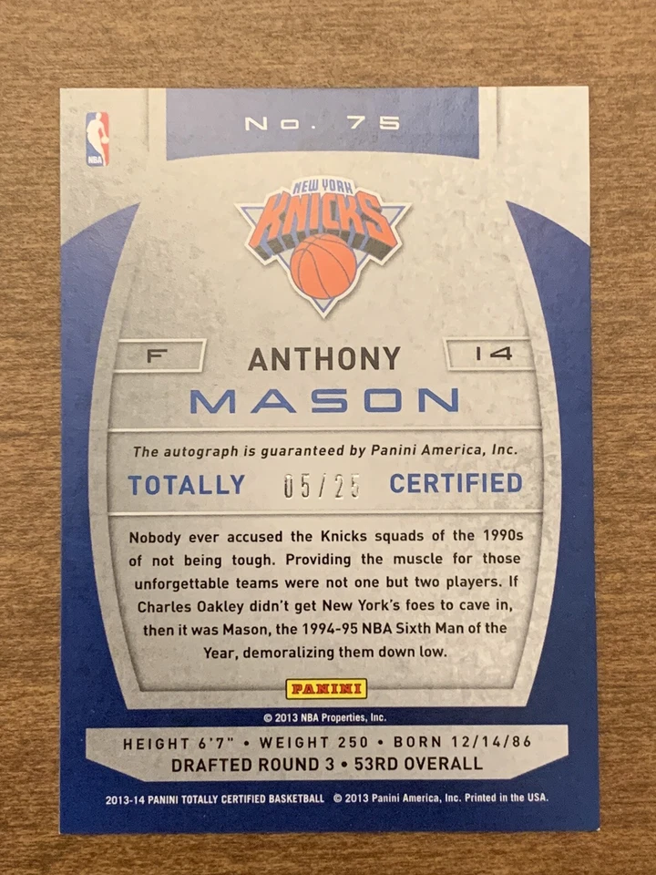 Anthony Mason #75 auto 2013 Panini полностью сертифицированный золото #/25 подписи Knicks - Изображение 2 из 2