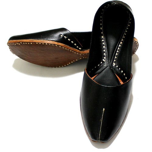 Men's Black Leather Handmade Mojari Jutti Nagra Shoes Traditional Punjabi - Picture 8 of 12