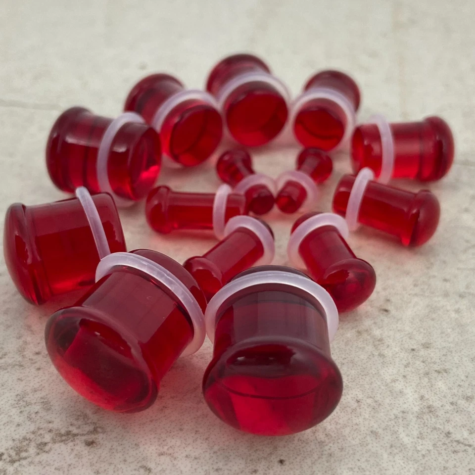 一对红色单闪光玻璃插头套装量规 选择您的尺寸 — 第 2/4 张图片