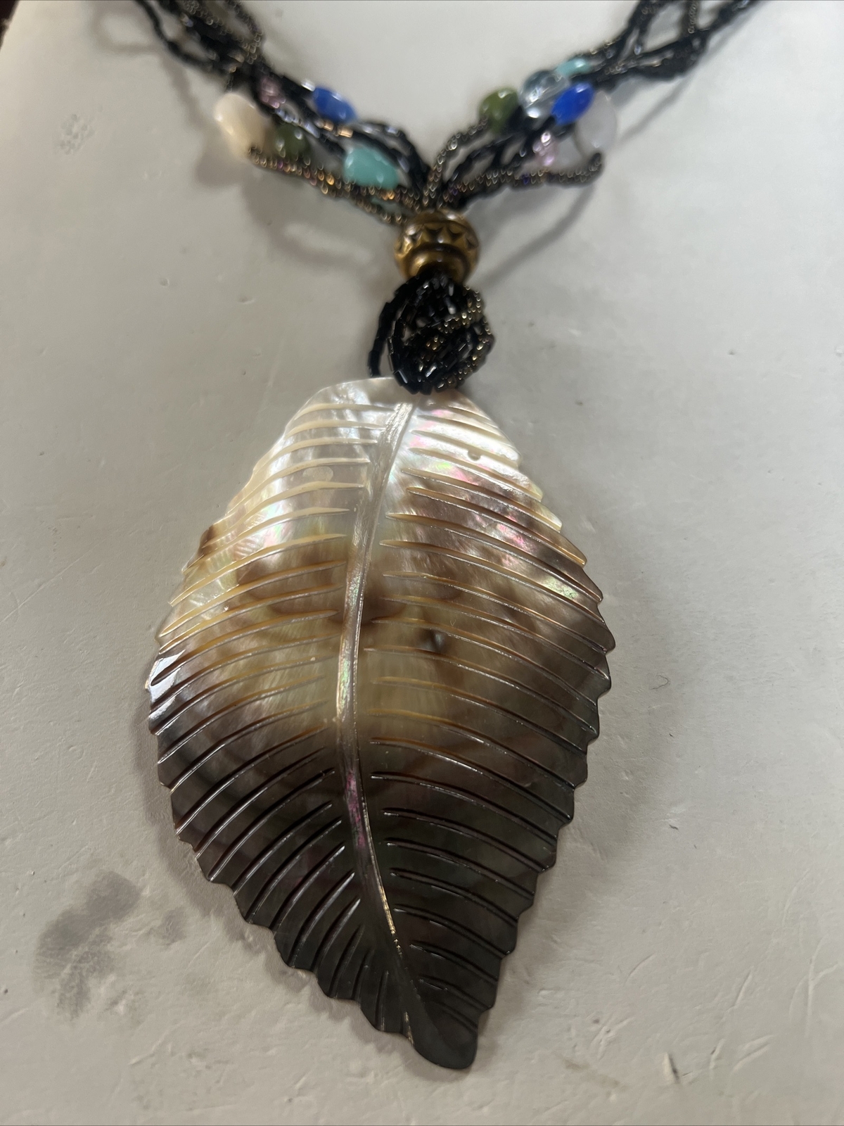 Vintage Large Abalone Leaf Shell Beaded Necklace … - image 4