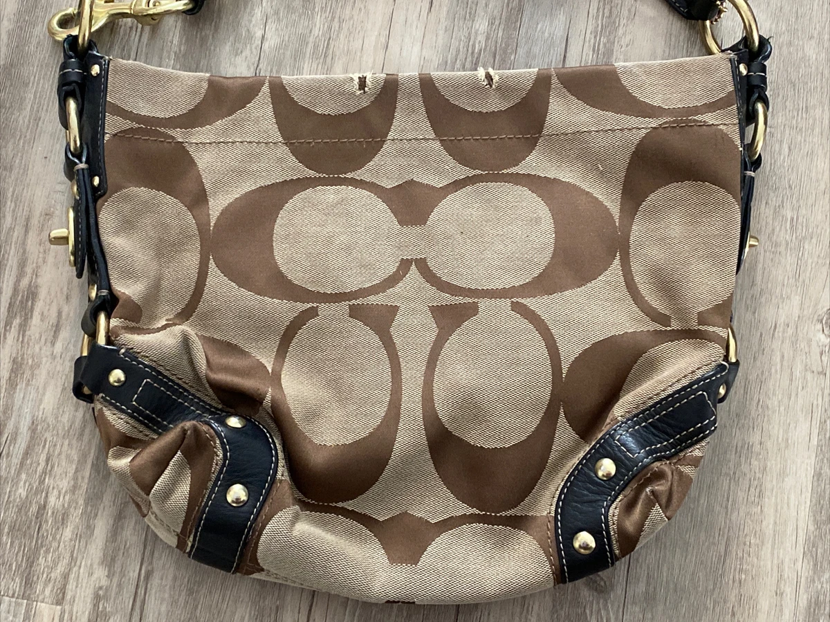 Coach Big C Canvas Leather Trim Purse Brown Casual Chunky Shoulder