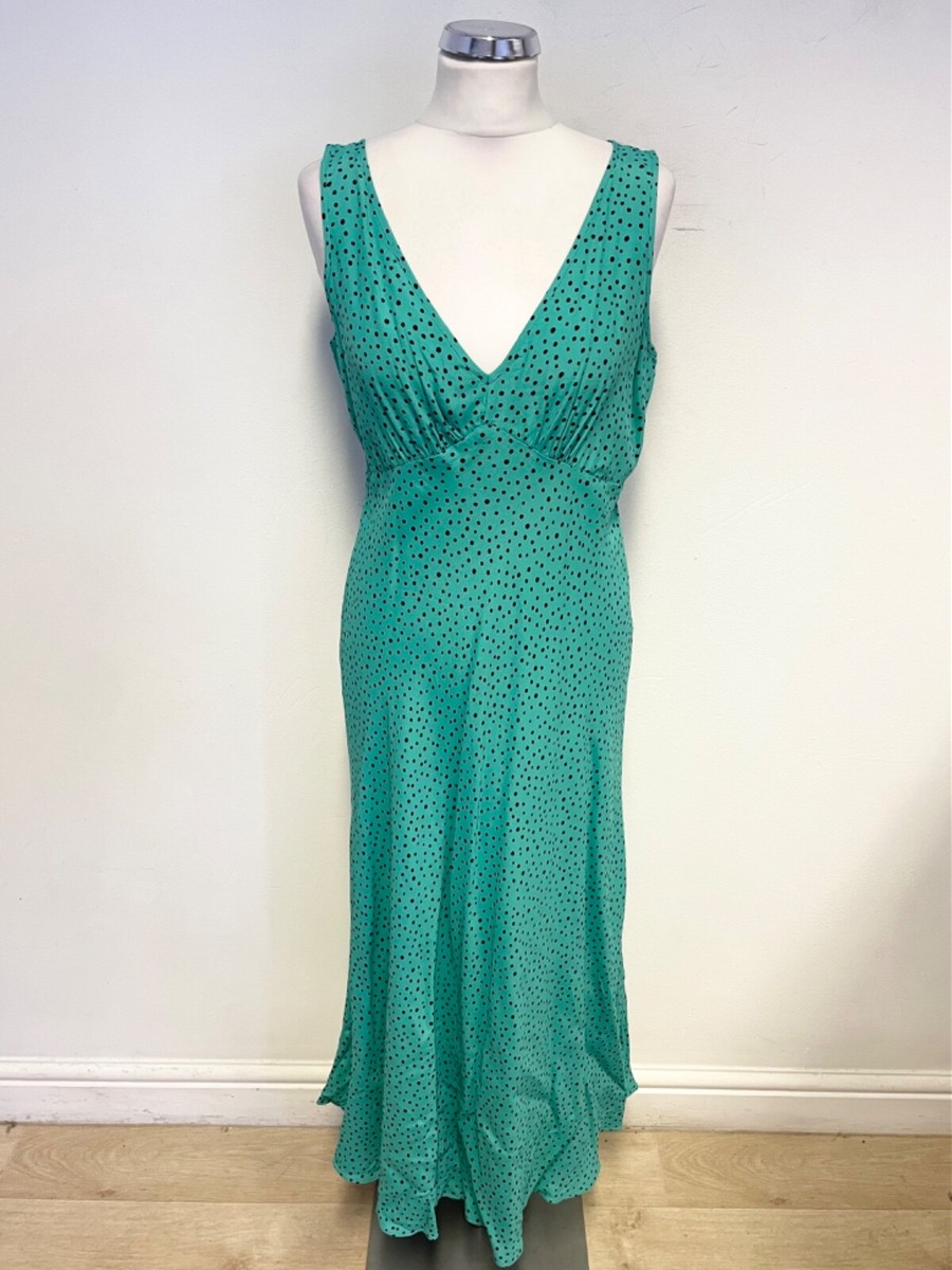 HUSH GREEN & BLACK SPOT V NECK SLEEVELESS MIDI DRESS SIZE 10 | eBay UK