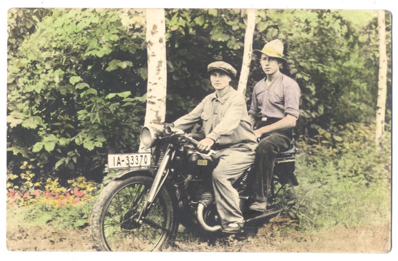 2 MEN on German DKW MOTORCYCLE Tinted RPPC ca1920s - RARE