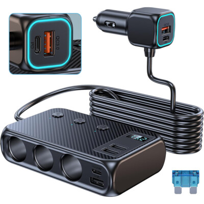 3 Way Car Cigarette Lighter Socket Splitter USB C Fast Charger Power  Adapter QC