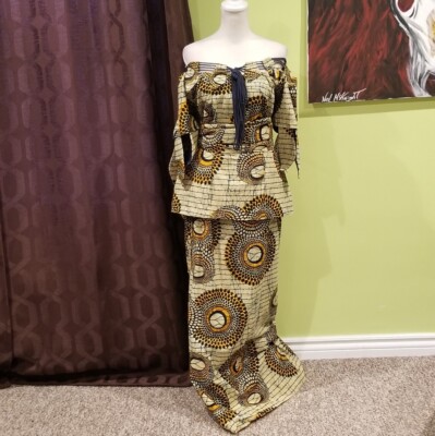 3 Piece Off The Shoulder African Print Skirt Set With Waist Band/Head Wr