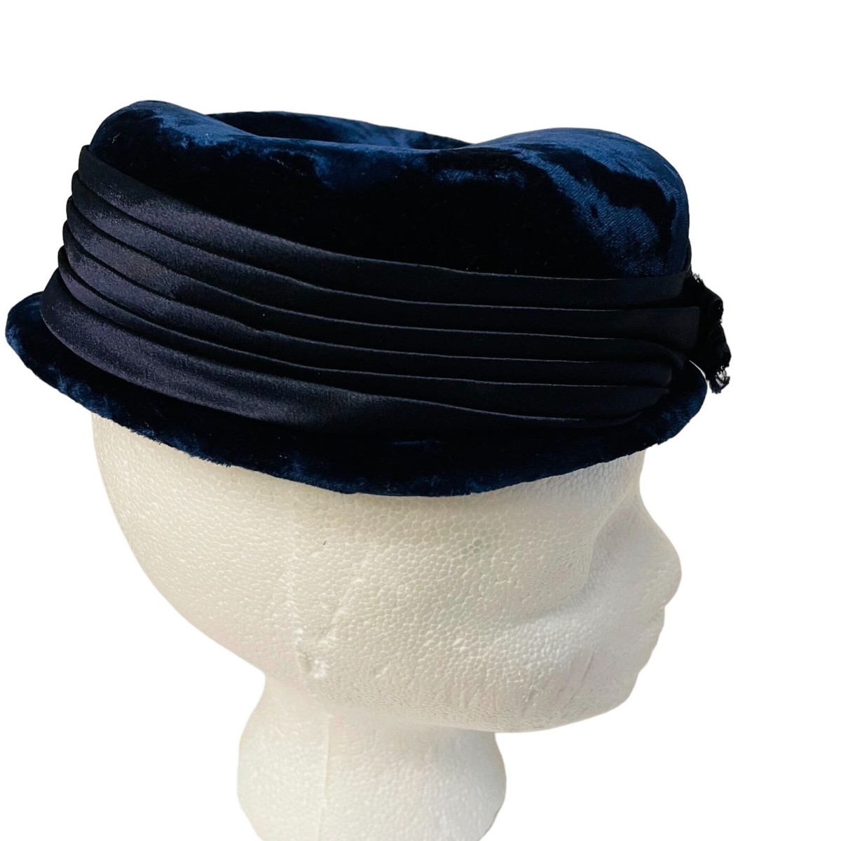 Vintage Womens Navy Velvet Pillbox Hat with Satin Trim Classic Elegant  Retro Fas