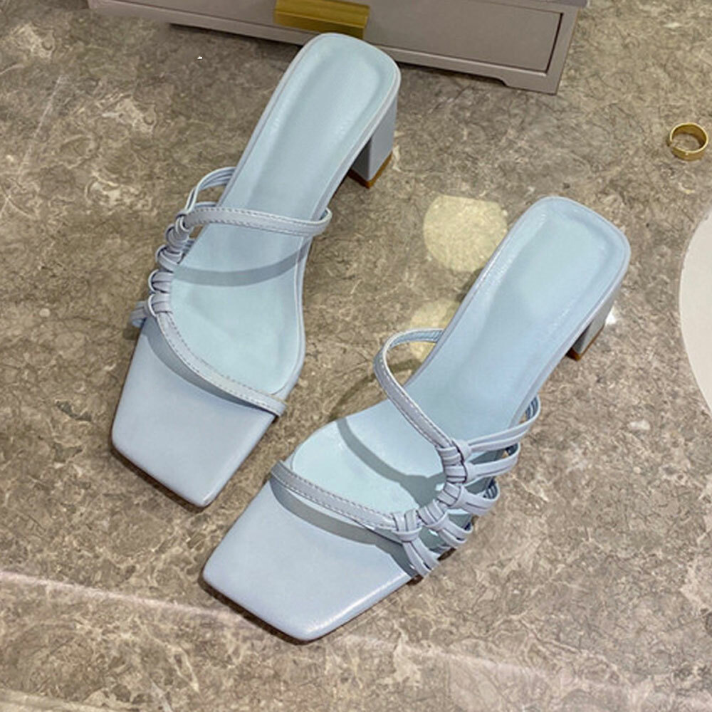 Women's Square Open Toe Block Mid Heels Sandals Slip On Mules
