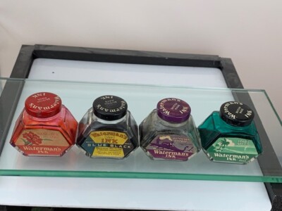 Waterman 2 oz 4 Ink Bottles Blue Black, Carnation Red,  Green, Purple (e523)