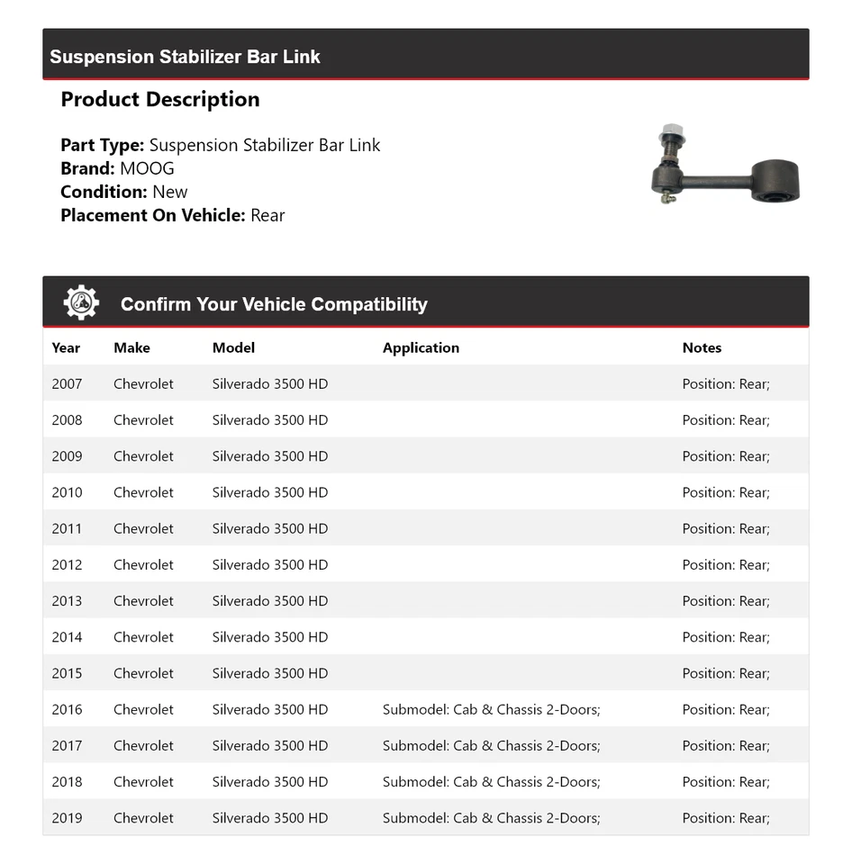 For 2007-2019 Chevrolet Silverado 3500 HD Suspension Stabilizer Bar Link MOOG - Image 2 of 4