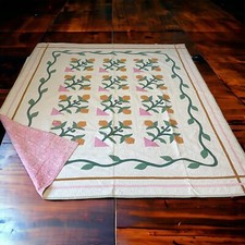 Antique Vintage Tulip Applique Quilt Reversible Date Embroidred 1931 92" x 78"