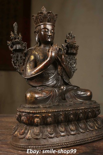 9.8" Old Tibet Pure Bronze Gilt Buddhism Wenshu Manjushri Bodhisattva Statue - Picture 4 of 9