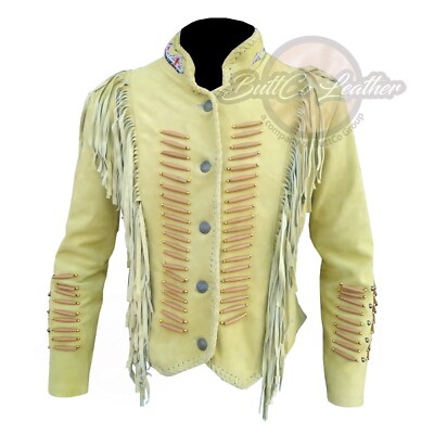 Handgefertigte Western Cowboy Wildleder Lederjacke American Real Beads Fransen Jacke