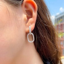 Women Fashion Silver Plated Cubic Zirconia Oval Drop Charm Huggie Hoop Earrings