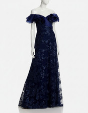 Rickie Freeman for Teri Jon Women's Blue Organza Off Shoulder Gown Dress Size 14