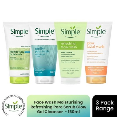 Simple Face Wash 150ml Feuchtigkeitsspendend Erfrischend Klar Porenpeeling Glow 3er Pack