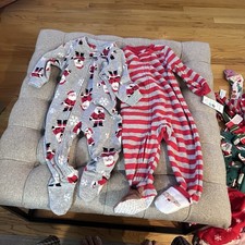 2 Piece Carter's 12 Months Striped Santa Fleece Footed Pajamas Christmas